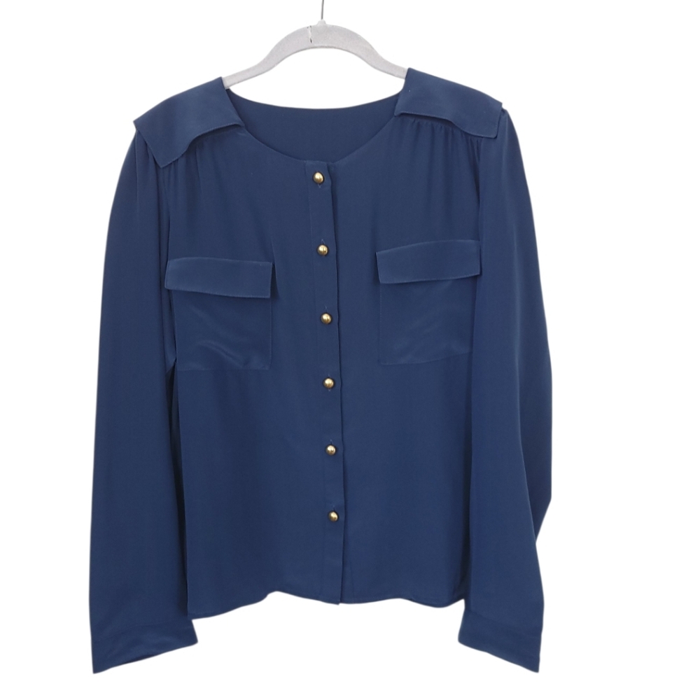 Hunter Dixon Navy Gold Button Utility Blouse L 90s Minimalist Office Workwear